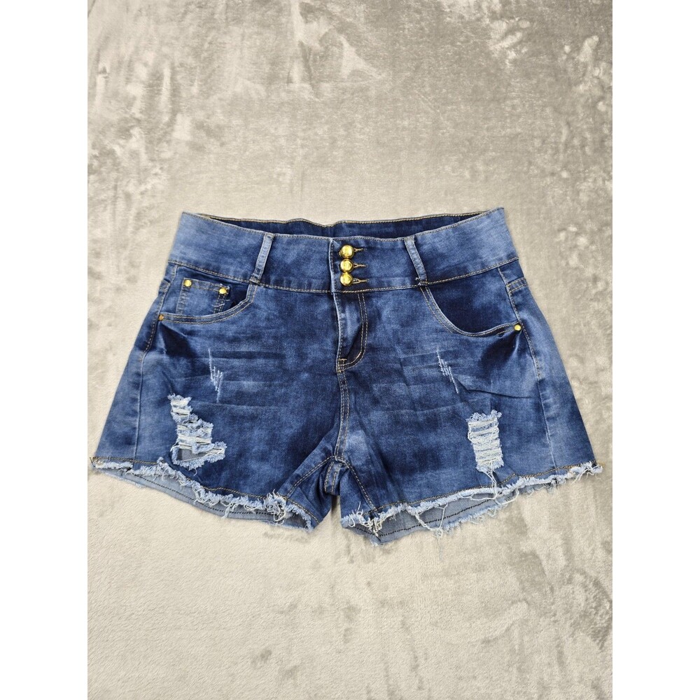 Denim Shorts Women Size 36 Blue Distressed Ripped High Waist Fray Raw Hem 3...
